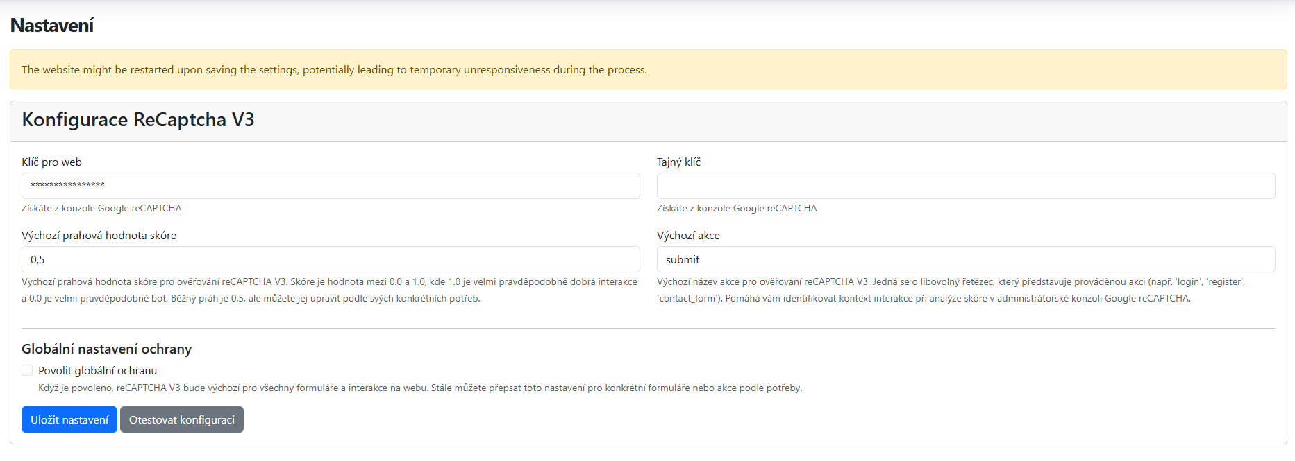 reCAPTCHA v3 Modul pro Orchard Core CMS